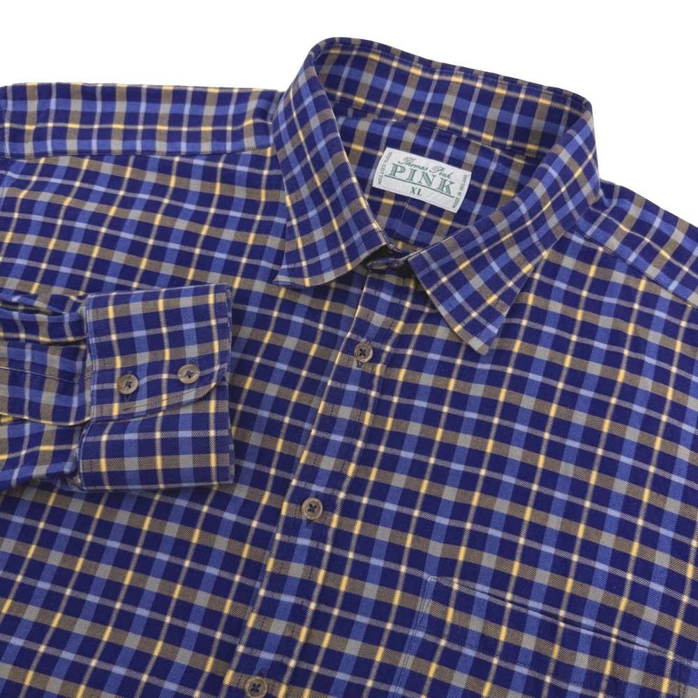 Vintage Thomas Pink Shirt XL Tall Blue Plaid Cotton LS Long Tail Gussets Ireland